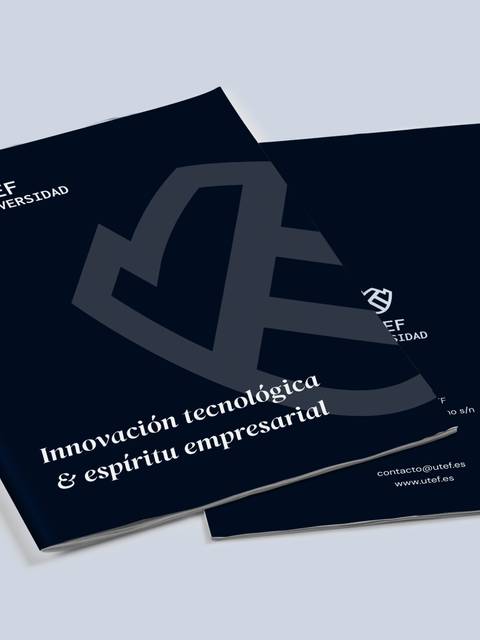 Two promotional brochures for a university featuring the slogan 'Innovación tecnológica & espíritu empresarial'.