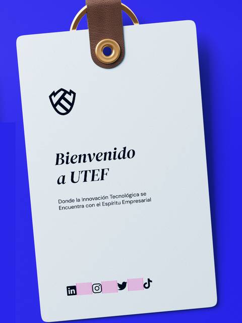A promotional badge with the text 'Bienvenido a UTEF' and social media icons against a blue background.