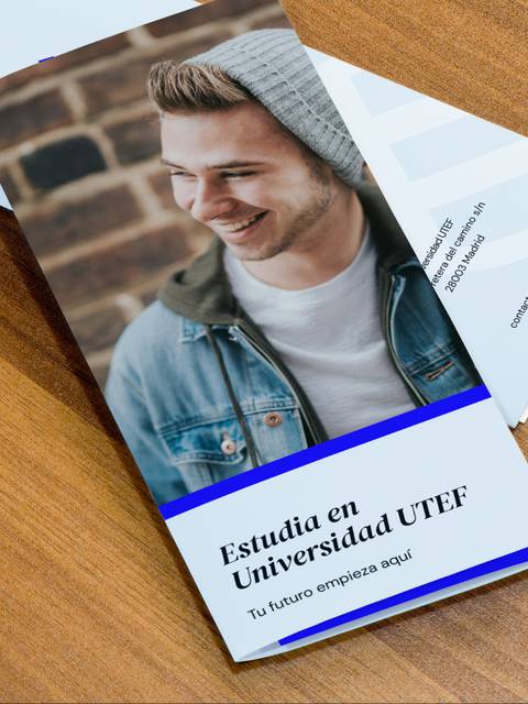 A promotional brochure for UTEF University featuring a smiling young man on the cover, with the text 'Estudia en Universidad UTEF - Tu futuro empieza aquí'.
