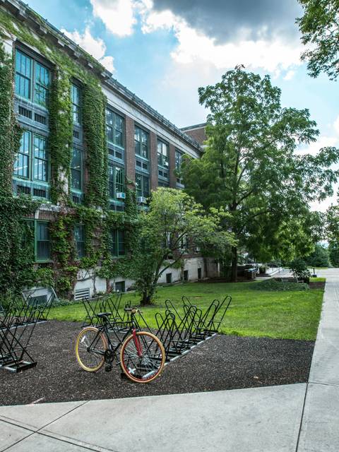 A peaceful outdoor scene at a university campus with a brick building, bike racks, and lush green trees.