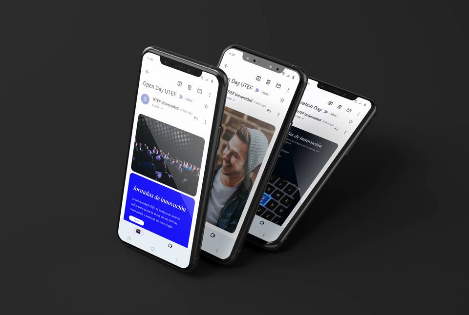 Three smartphones displaying different apps on a dark background.