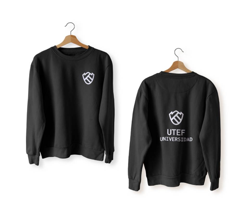 Two black sweatshirts hanging on wooden hangers against a white background, with a university logo on the front and back.