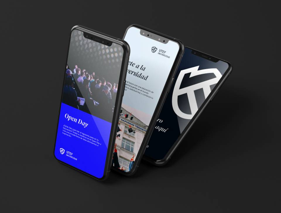 Two smartphones with promotional graphics for a university open day displayed on their screens, set against a dark background.