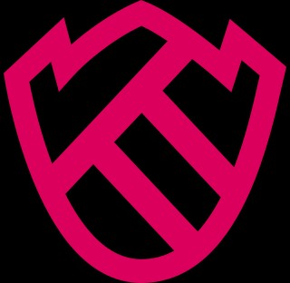 A pink and black shield-shaped logo with a stylized letter design inside.