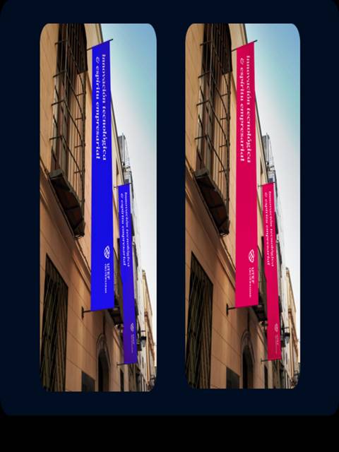 Two images showcasing the exteriors of buildings with large banners in blue and red colors, respectively, hanging from their facades.