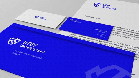 A collection of promotional printed materials for UTEF Universidad, including a folder, business cards, and letterhead, all featuring the university's logo and color scheme.