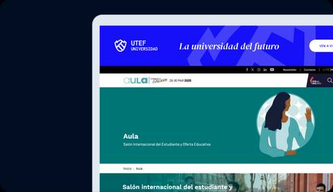 A screenshot of a university website with navigation menus and an illustration of a female student.