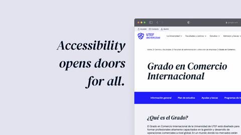 The image shows two browser windows open side by side, displaying text and website interfaces related to accessibility and international trade education.