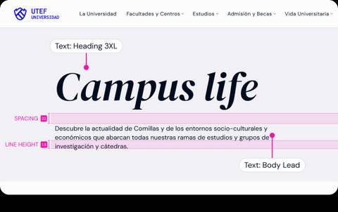 A webpage snapshot showing a design layout for a 'Campus life' page with Spanish text, guidelines for spacing and line height, and heading sizes.