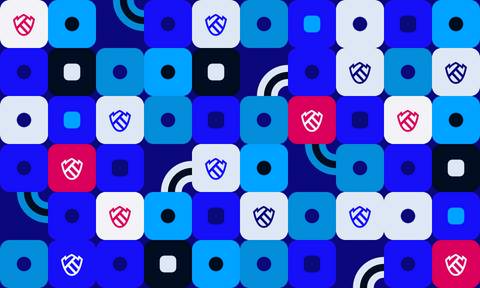 This is an abstract pattern featuring blue and white squares and circles with various logo-like symbols in shades of blue, white, and red.