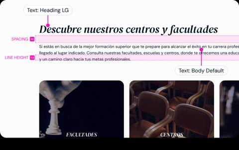 A digital design mockup featuring an educational theme, with text in Spanish inviting to discover facilities and faculties, alongside images of a chess piece and empty auditorium seats.