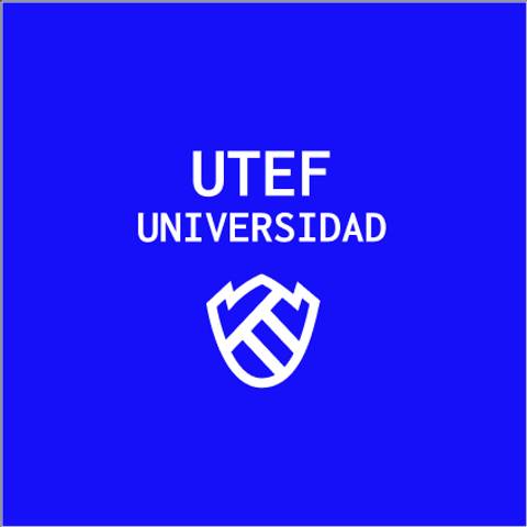 The image shows a blue square background with 'UTEF UNIVERSIDAD' text and a stylized shield logo in white.