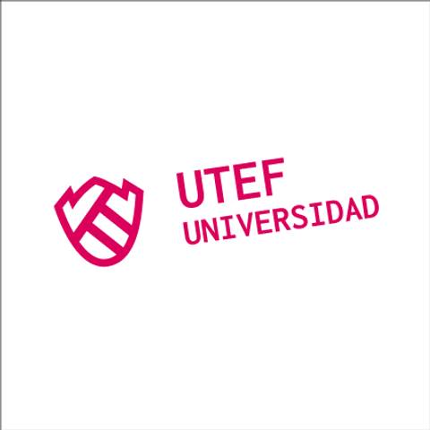 A pink logo of UTEF Universidad with a shield design.
