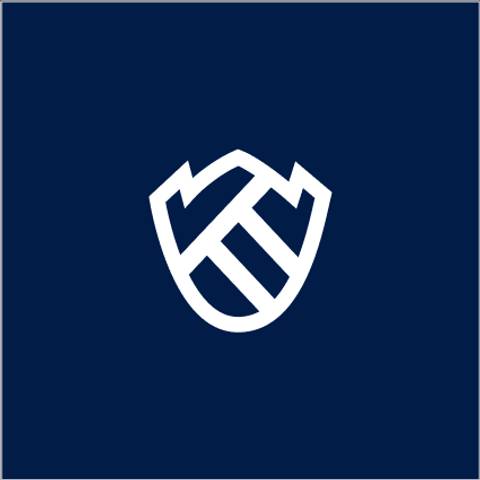 A white logo resembling a shield with stylized letters on a dark blue background.