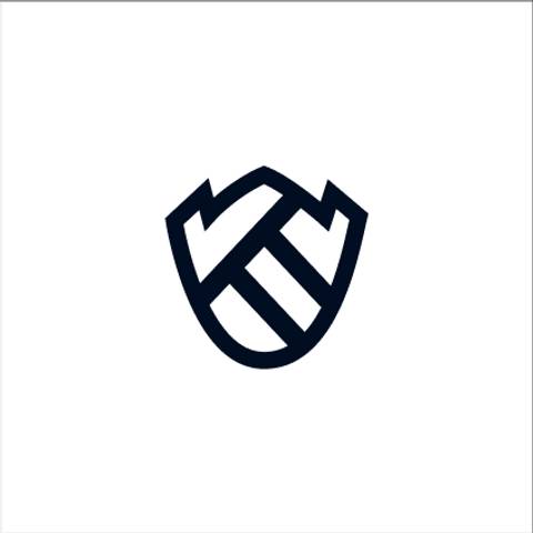 A minimalist logo featuring a shield with stylized overlapping letters in blue on a white background.