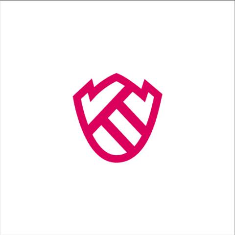 A magenta shield-shaped logo with interlocking geometric shapes resembling letters on a white background.