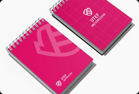 Two pink notepads with spiral bindings, featuring a university logo and text.