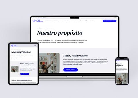 Three devices displaying a website with the headline 'Nuestro propósito' about mission, vision, and values.