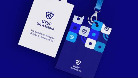 A promotional university ID tag and card with logos and text over a blue background.