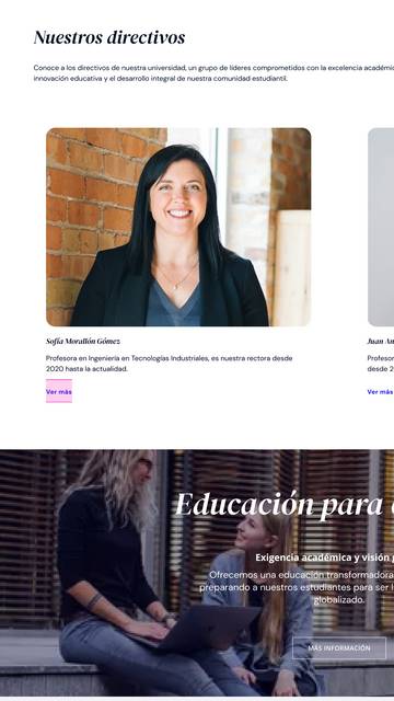 A promotional webpage featuring a smiling woman in professional attire standing in front of a brick wall, alongside text sections about university leadership and educational mission.