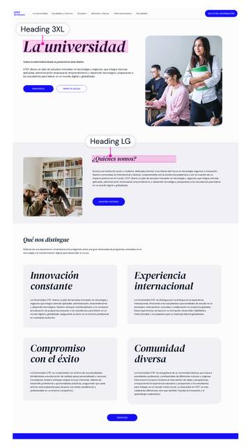 This is a website design mockup for a university page, featuring a main banner, text content and images depicting diverse students.