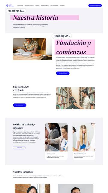 The image shows a webpage layout about a company's history and values, featuring text sections and images of diverse people engaged in various activities.